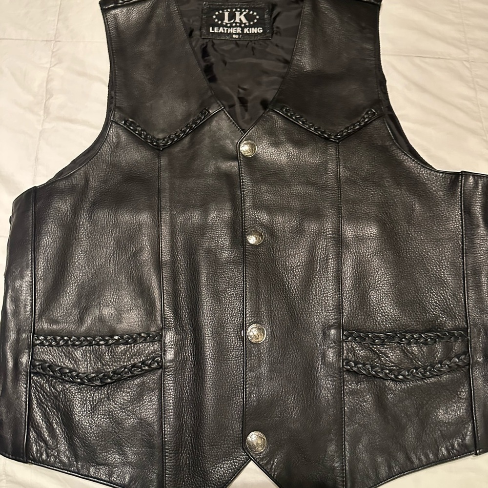Vintage LEATHER KING - Men's Black Snap Front Leather Biker Vest - Size 50 NOWT